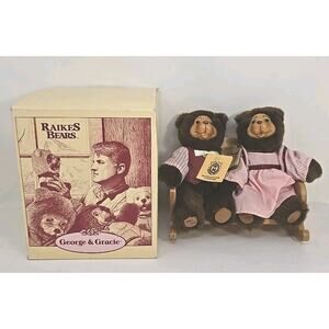 1980's Robert Raikes George & Gracie Bears Wood Face Mohair w/ Box & Tags U318